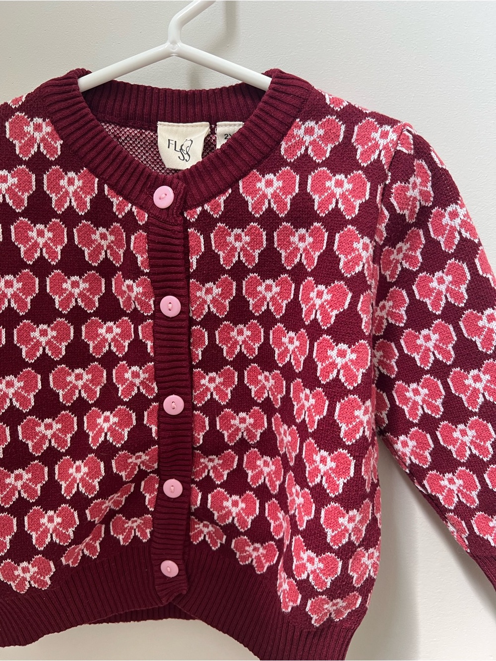FLOSS Girls' Burgundy Pink Bow-Pattern Cardigan Sweater